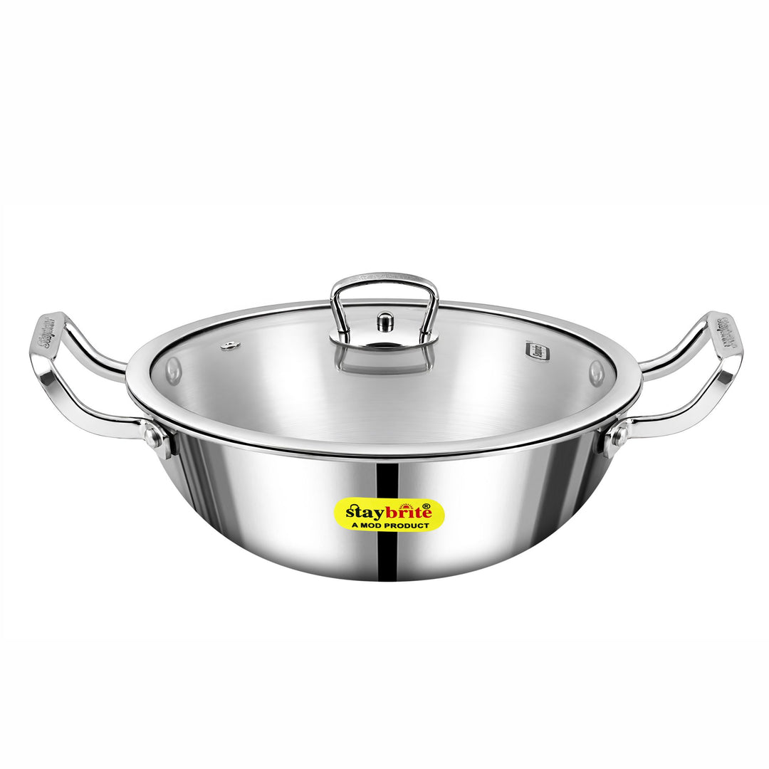 Staybrite Triply Deep Kadai with Glass Lid | 3-Ply Steel