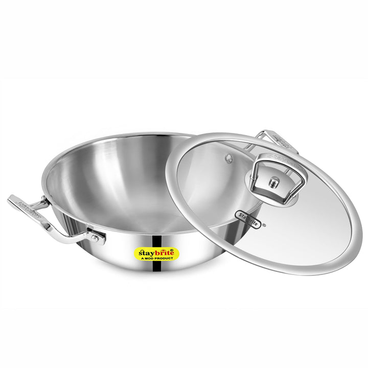 Staybrite Triply Deep Kadai with Glass Lid | 3-Ply Steel