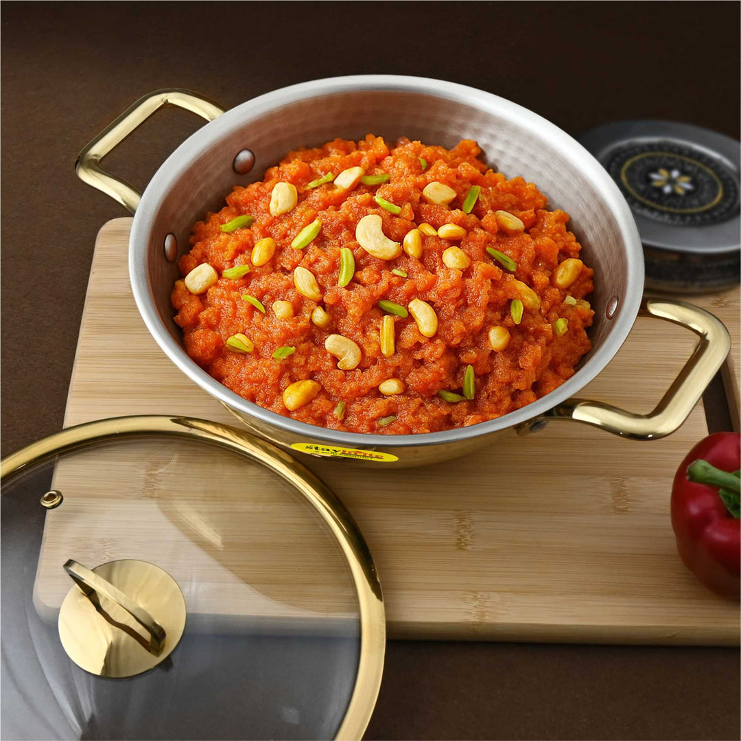 Brass Kadhai with Glass Lid– Premium Wok with Heat-Resistant Transparent Lid for Indian Cooking