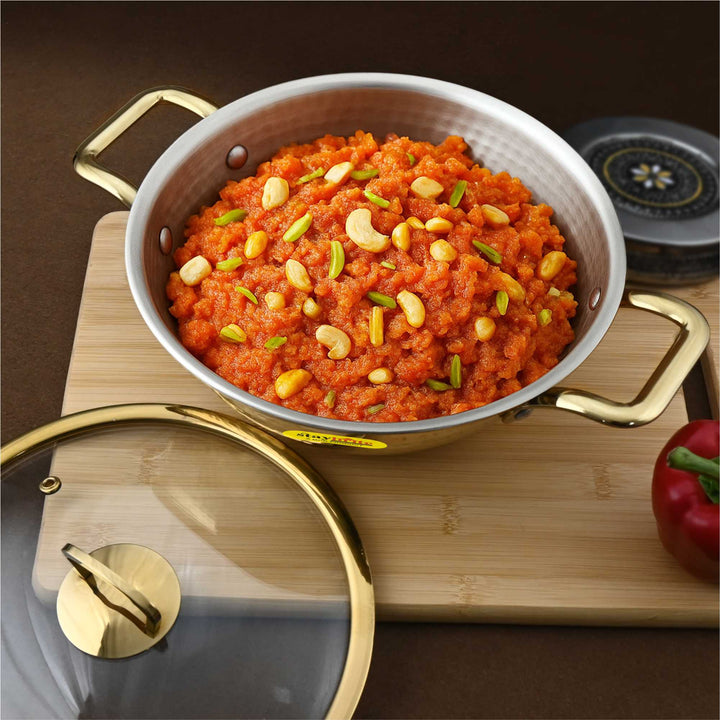 Brass Kadhai with Glass Lid– Premium Wok with Heat-Resistant Transparent Lid for Indian Cooking