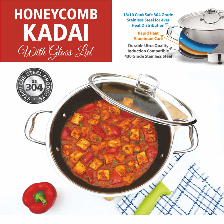 Triply Honeycomb Kadai with Glass Lid – Premium Cooking Vessel for Indian Kitchen