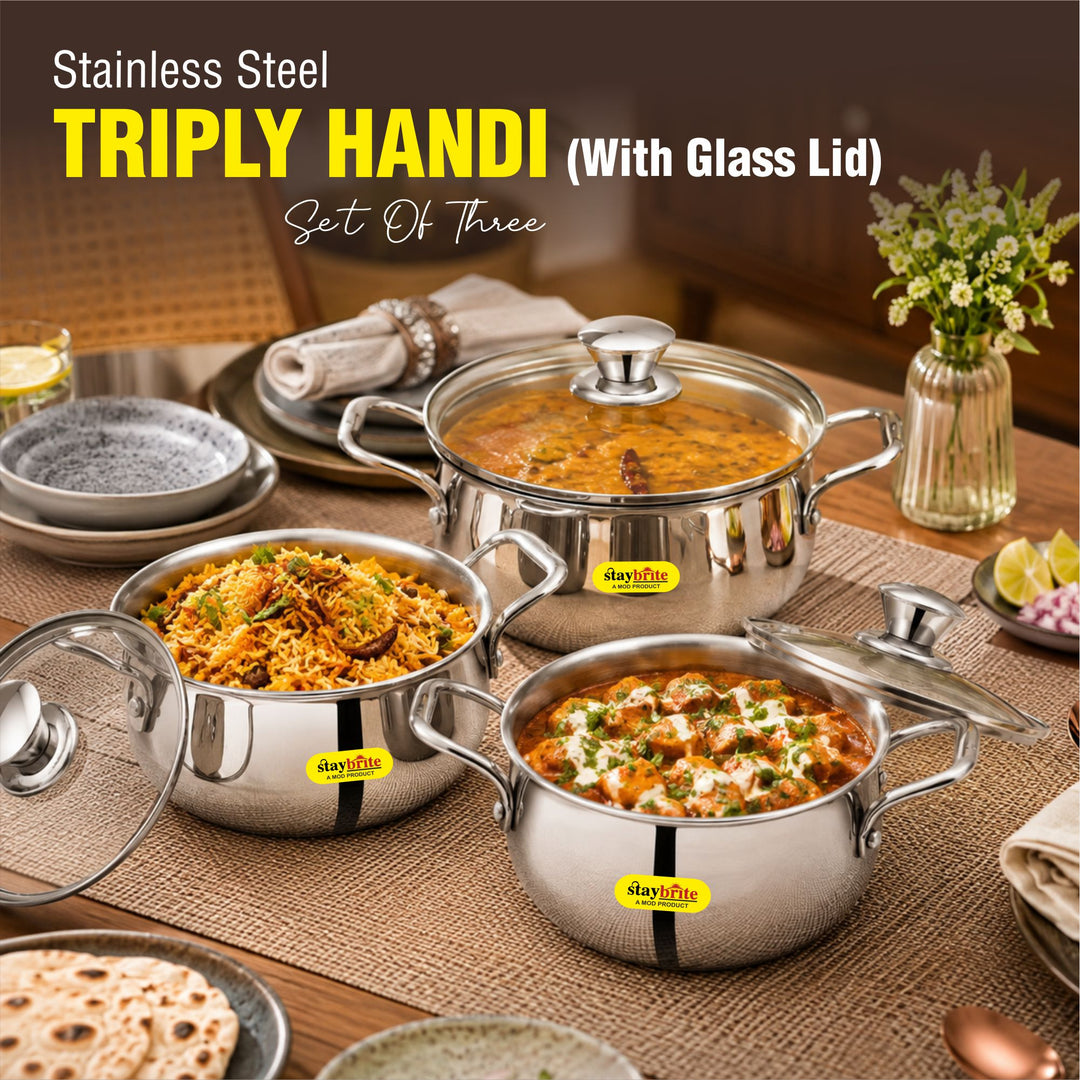 Staybrite Triply Cook &amp; Serve Handi Set with Glass Lid 3-Piece (14, 16 &amp; 18 CM)
