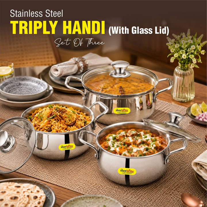 Staybrite Triply Cook &amp; Serve Handi Set with Glass Lid 3-Piece (14, 16 &amp; 18 CM)