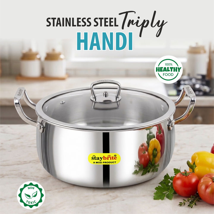 Staybrite Triply Handi with Lid | Stainless Steel Cooking Handi