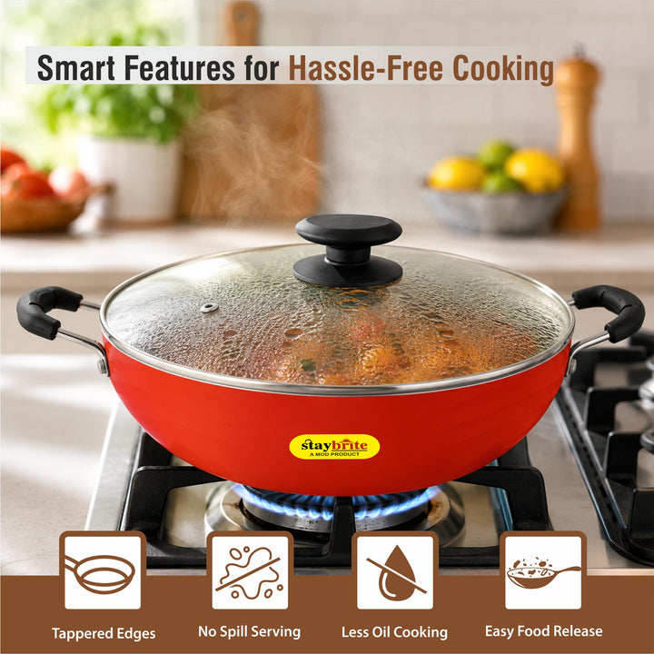Staybrite Non-Stick Kadai with Glass Lid | Durable Cooking Kadai