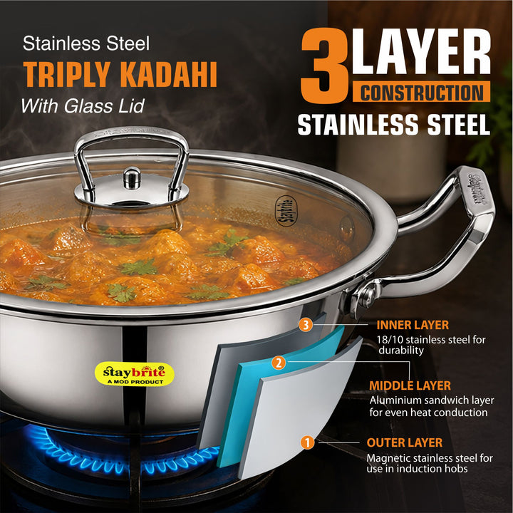 Staybrite Triply Deep Kadai with Glass Lid | 3-Ply Steel