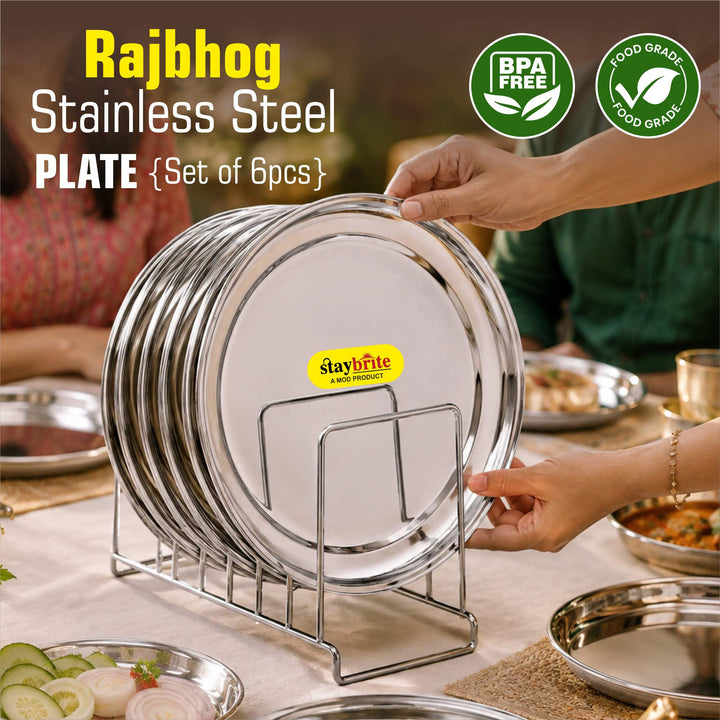 Staybrite Stainless Steel Rajbhog Plate Set of 6 | Dinner Plate Set