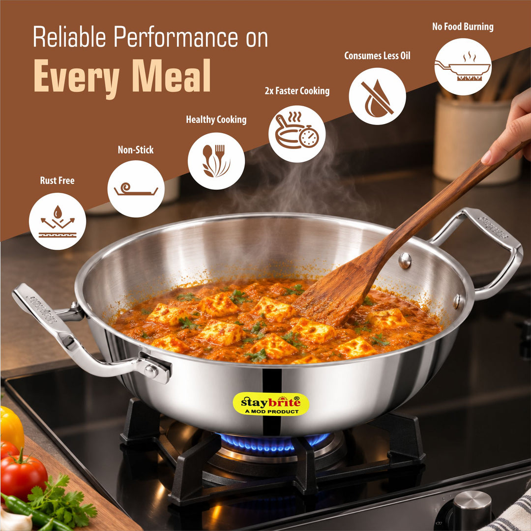 Staybrite Triply Deep Kadai with Glass Lid | 3-Ply Steel