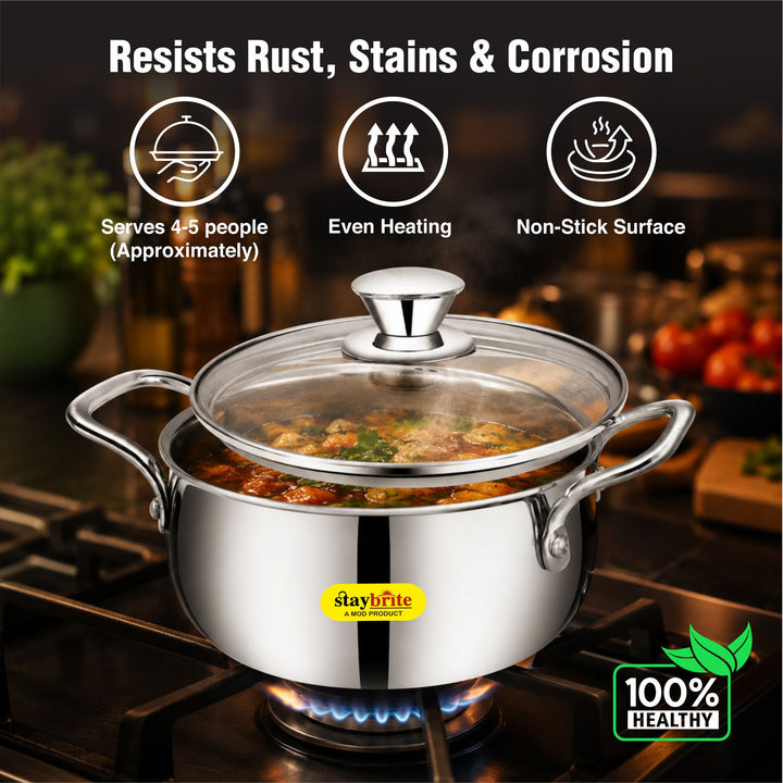 Staybrite Triply Cook &amp; Serve Handi Set with Glass Lid 3-Piece (14, 16 &amp; 18 CM)