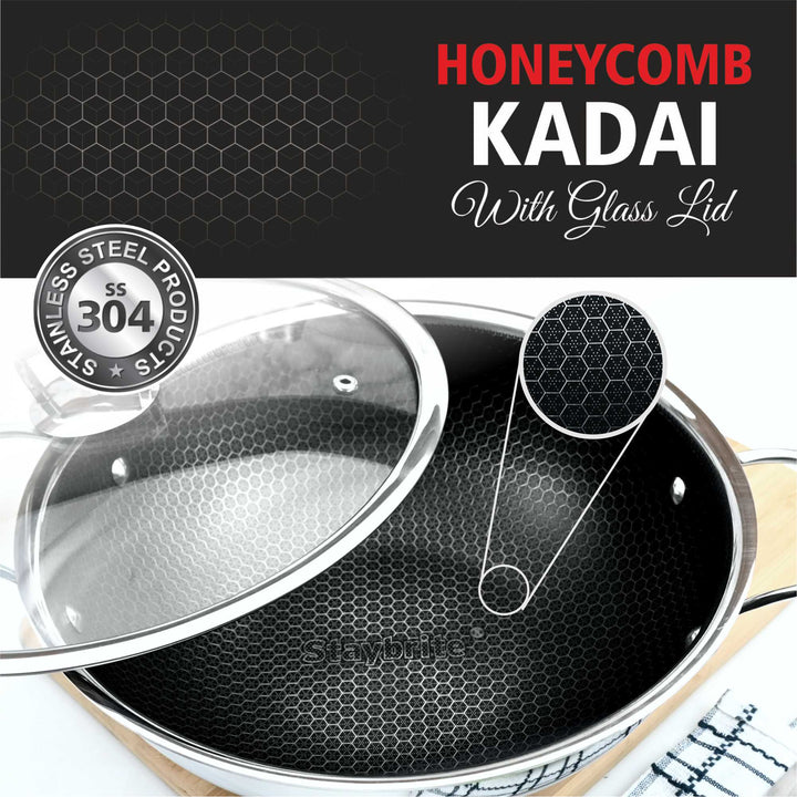 Staybrite Triply Honeycomb Kadai with Glass Lid