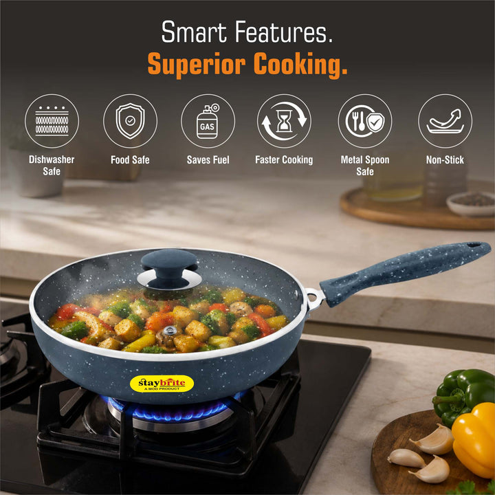 Staybrite Marble Coated Frypan with Glass Lid | Even &amp; Easy Cooking