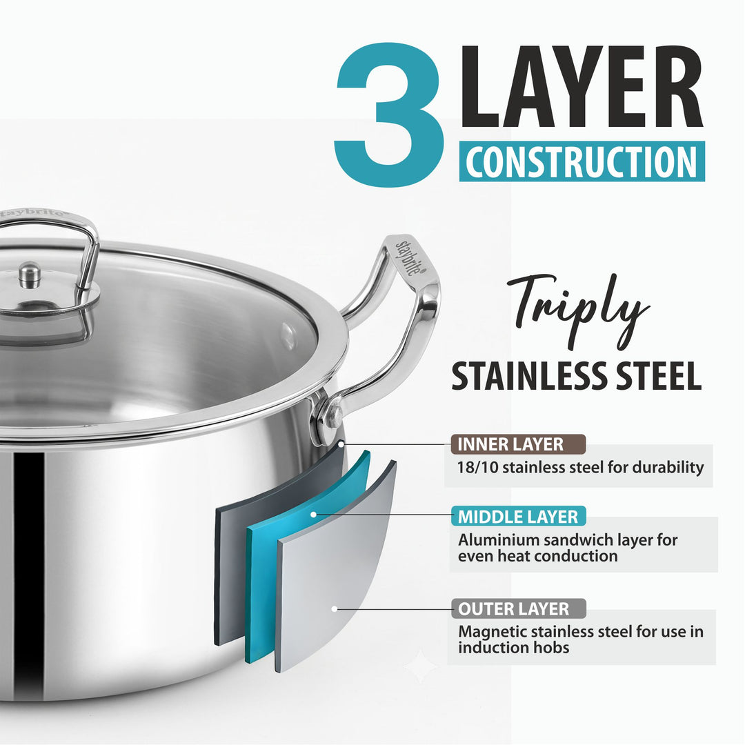 Staybrite Triply Handi with Lid | Stainless Steel Cooking Handi
