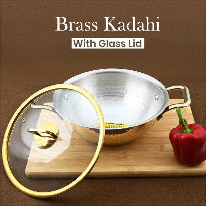 Brass Kadhai with Glass Lid– Premium Wok with Heat-Resistant Transparent Lid for Indian Cooking