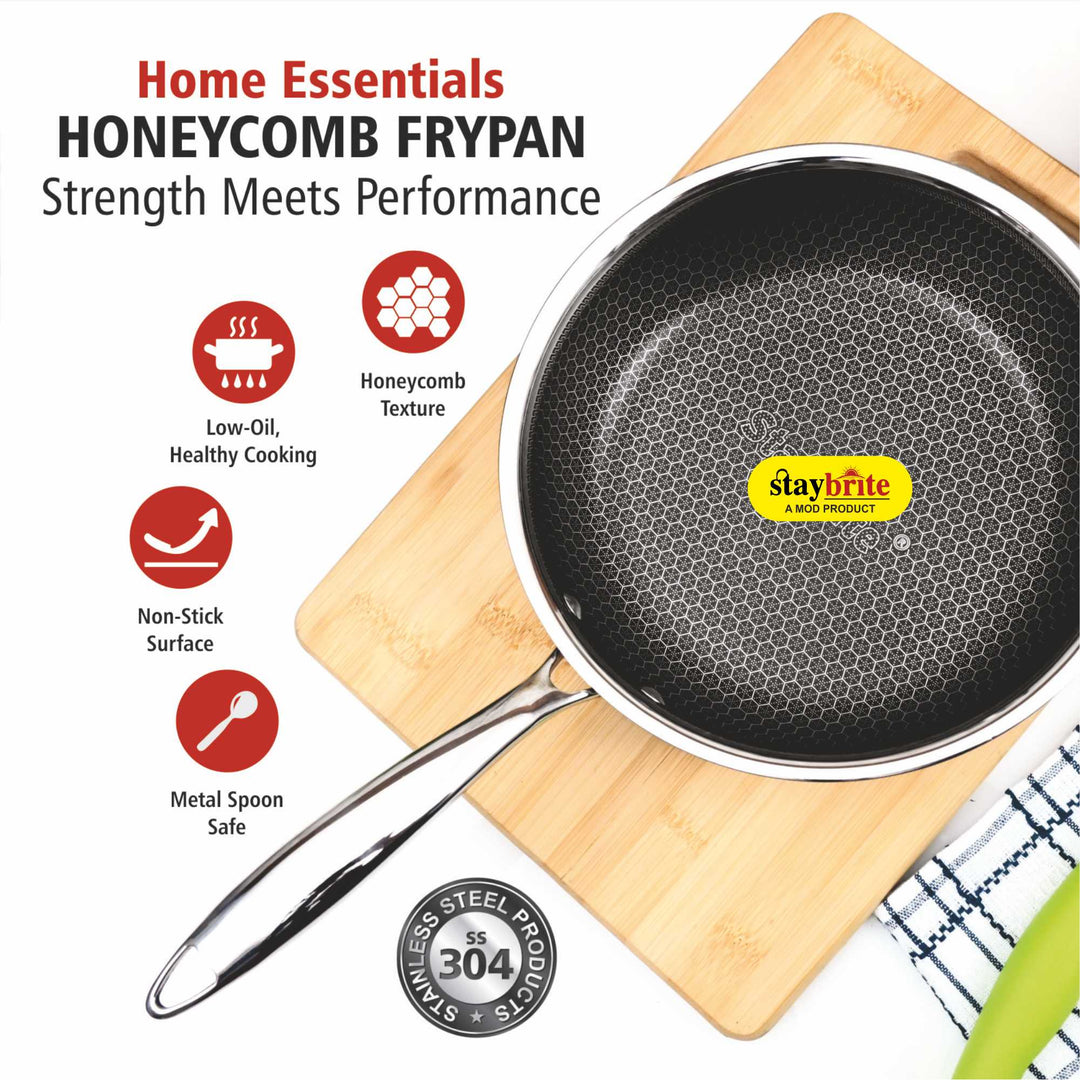 Triply Honeycomb Frypan with Glass Lid – Premium 3-Ply Non-Stick Stainless Steel