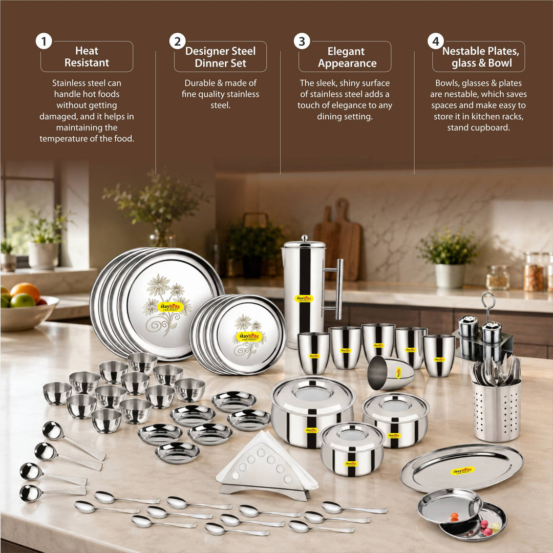 Staybrite Stainless Steel Dinner Set 61 Pcs | All-in-One Dining Set