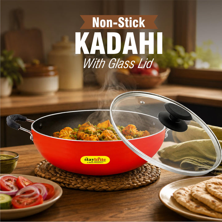 Staybrite Non-Stick Kadai with Glass Lid | Durable Cooking Kadai