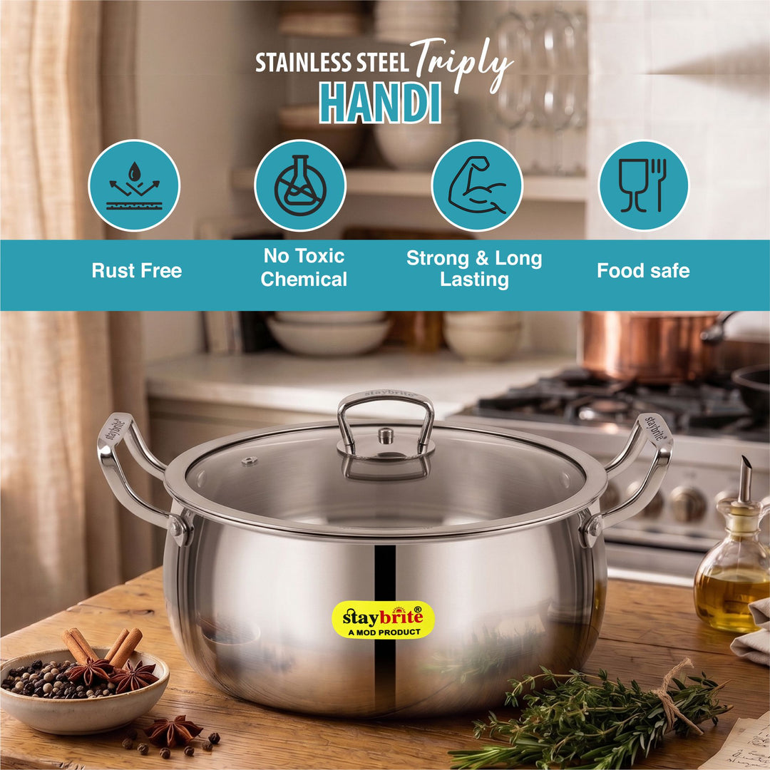 Staybrite Triply Handi with Lid | Stainless Steel Cooking Handi