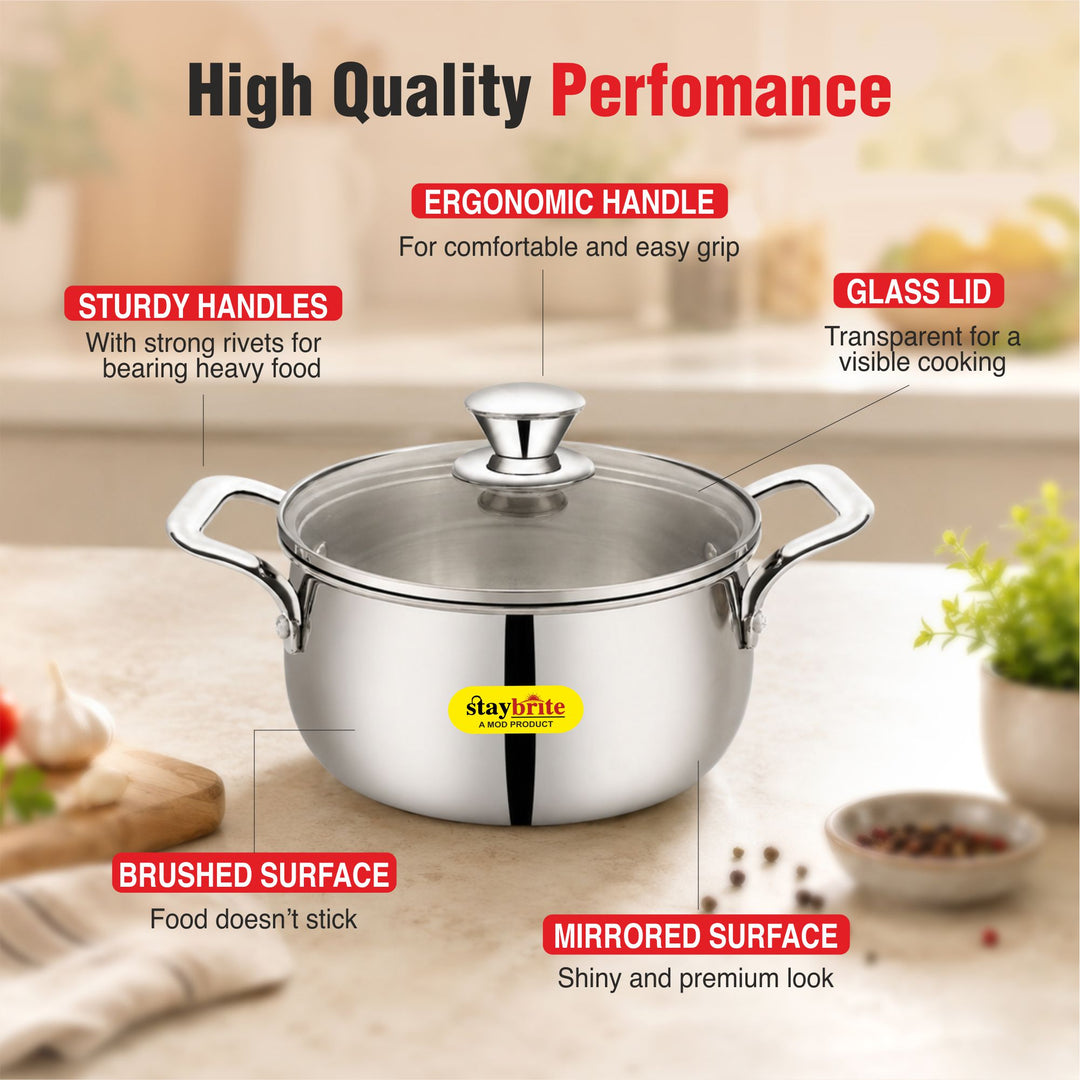 Staybrite Triply Cook &amp; Serve Handi Set with Glass Lid 3-Piece (14, 16 &amp; 18 CM)