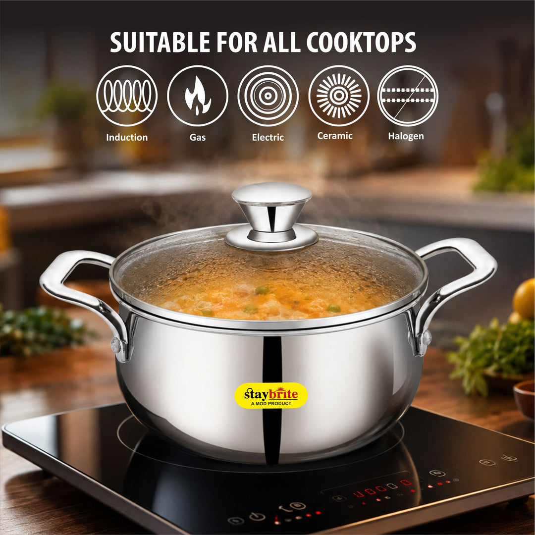 Staybrite Triply Cook &amp; Serve Handi Set with Glass Lid 3-Piece (14, 16 &amp; 18 CM)