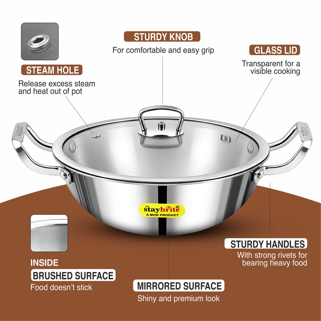 Staybrite Triply Deep Kadai with Glass Lid | 3-Ply Steel