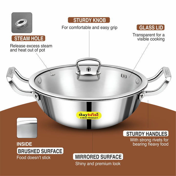 Staybrite Triply Deep Kadai with Glass Lid | 3-Ply Steel