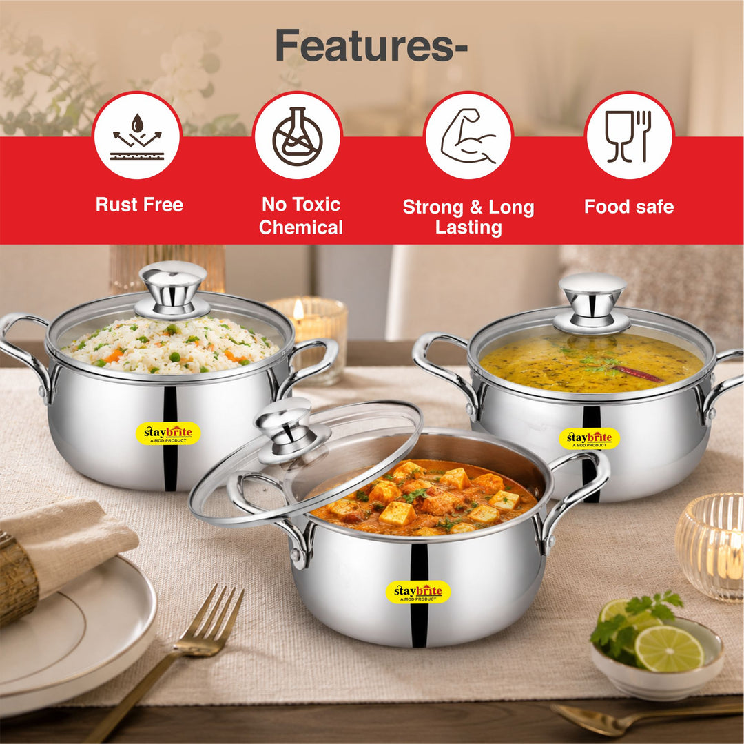 Staybrite Triply Cook &amp; Serve Handi Set with Glass Lid 3-Piece (14, 16 &amp; 18 CM)