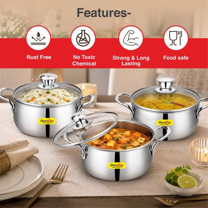 Staybrite Triply Cook &amp; Serve Handi Set with Glass Lid 3-Piece (14, 16 &amp; 18 CM)