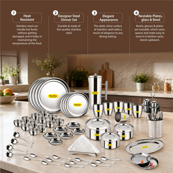Staybrite Stainless Steel Dinner Set 61 Pcs | All-in-One Dining Set