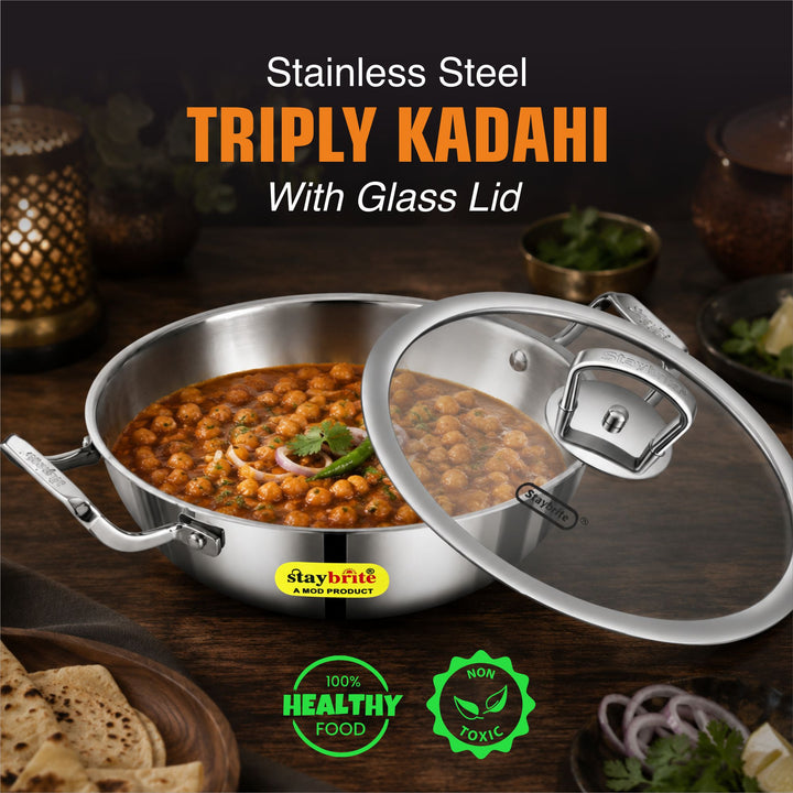 Staybrite Triply Deep Kadai with Glass Lid | 3-Ply Steel
