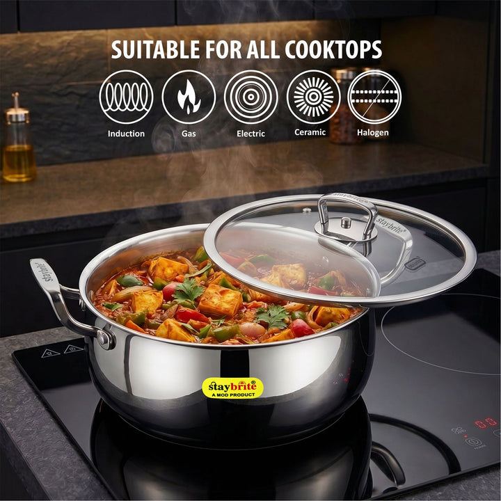 Staybrite Triply Handi with Lid | Stainless Steel Cooking Handi