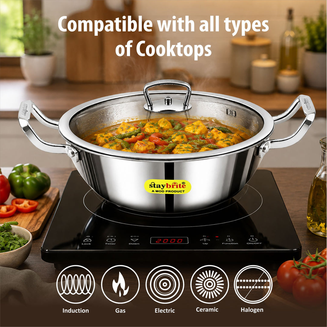 Staybrite Triply Deep Kadai with Glass Lid | 3-Ply Steel