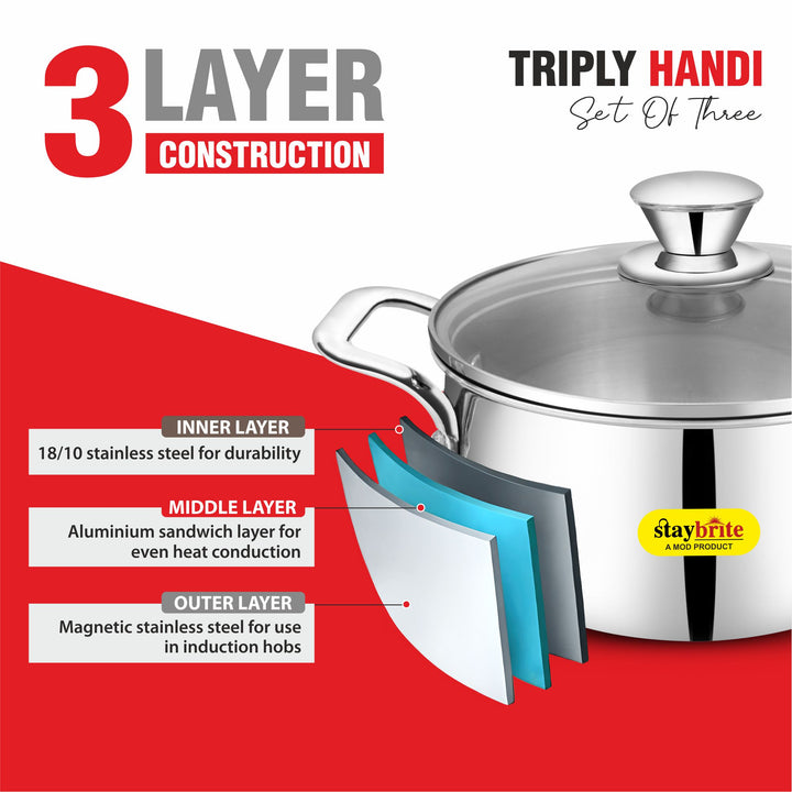 Staybrite Triply Cook &amp; Serve Handi Set with Glass Lid 3-Piece (14, 16 &amp; 18 CM)