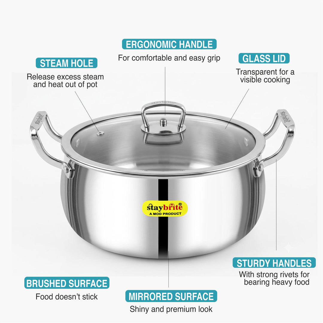 Staybrite Triply Handi with Lid | Stainless Steel Cooking Handi
