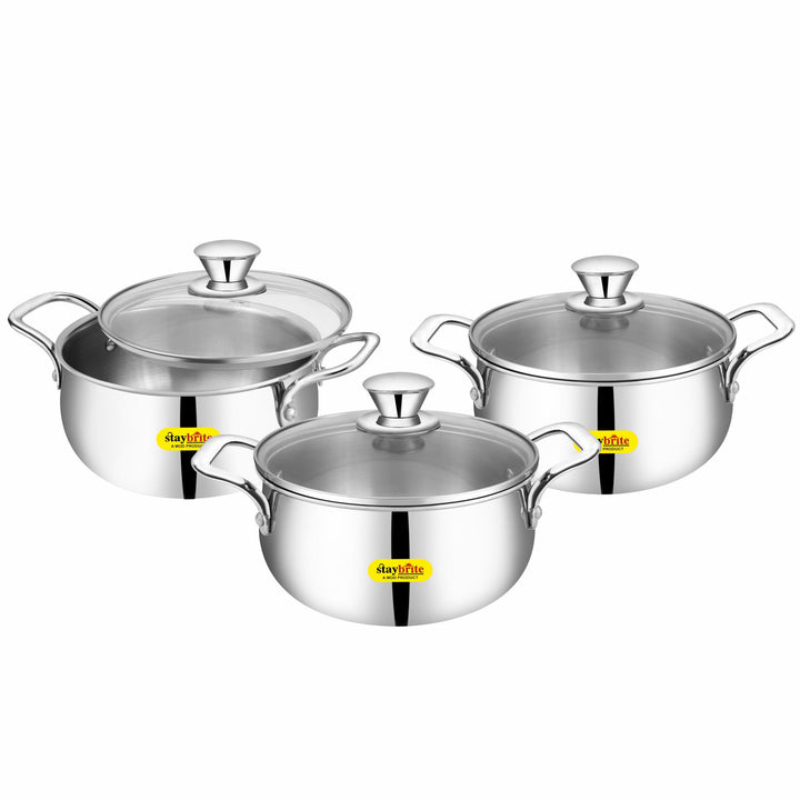 Staybrite Triply Cook &amp; Serve Handi Set with Glass Lid 3-Piece (14, 16 &amp; 18 CM)