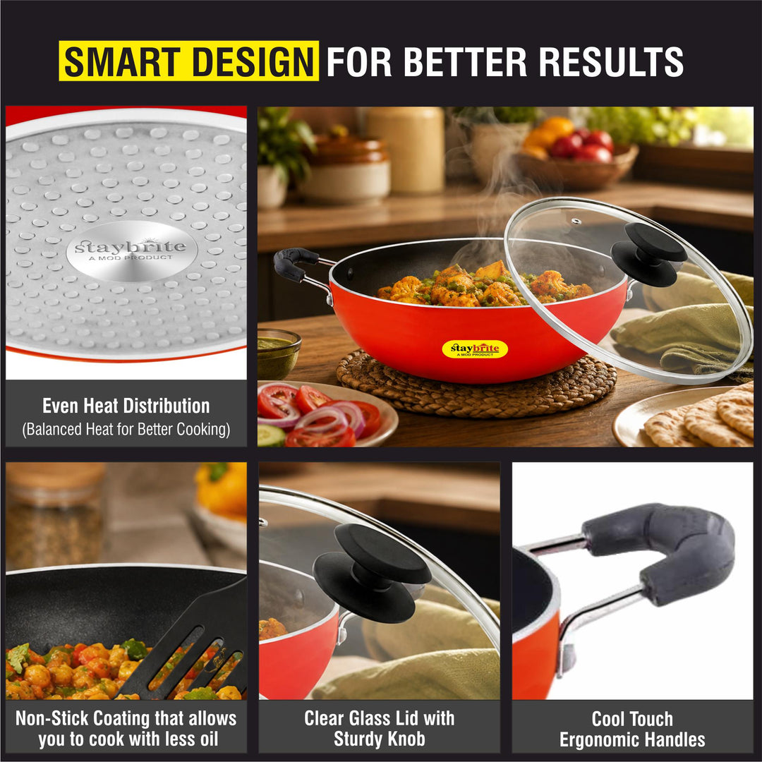 Staybrite Non-Stick Kadai with Glass Lid | Durable Cooking Kadai