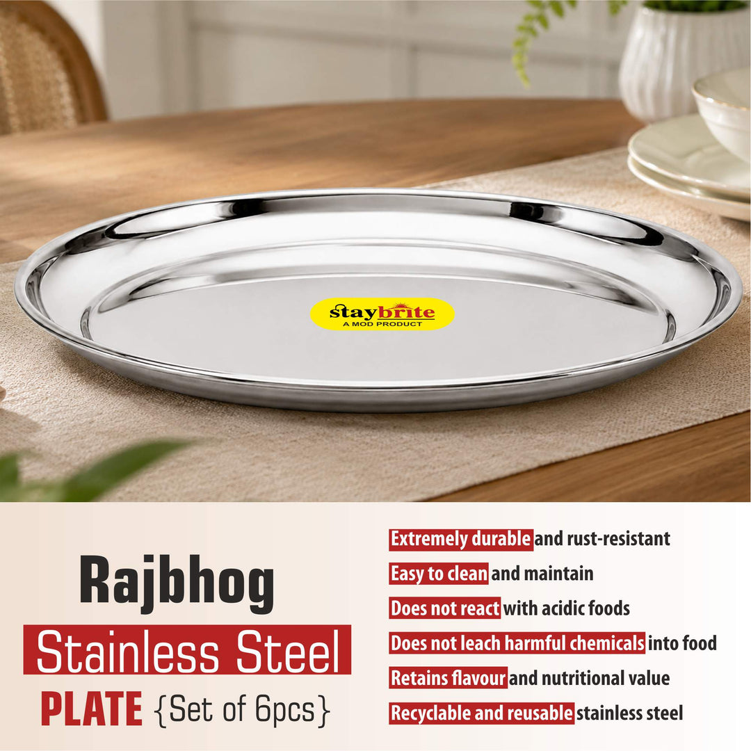 Staybrite Stainless Steel Rajbhog Plate Set of 6 | Dinner Plate Set