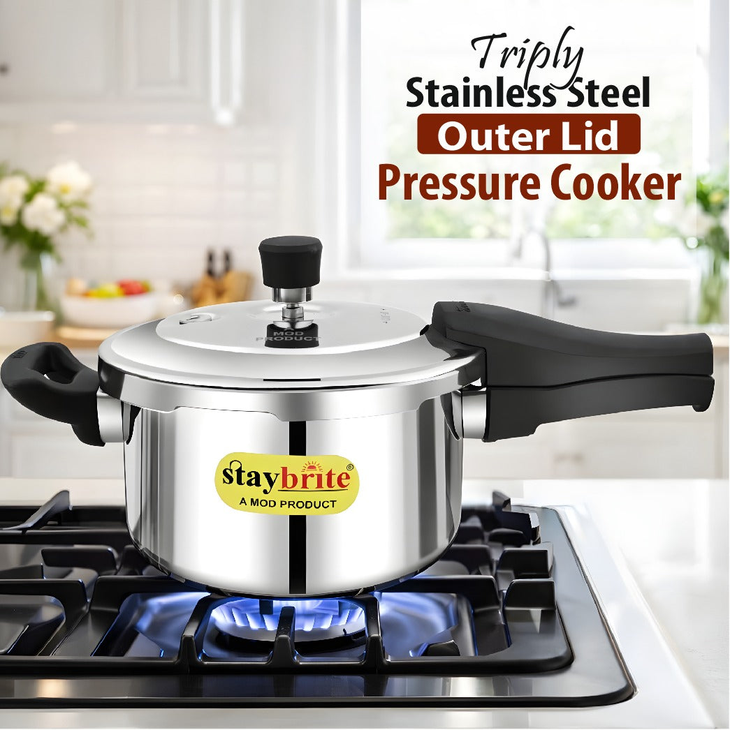 Triply Outer Lid Pressure Cooker | Heavy Gauge Stainless Steel Tri-Ply Cooker for Fast &amp; Healthy Cooking | Induction &amp; Gas Compatible