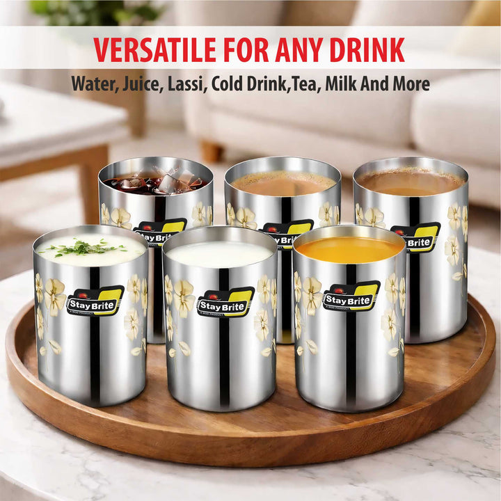 Staybrite Amrapali Glass Set of 6 | Food Grade Steel - 300 ml, 7 cm