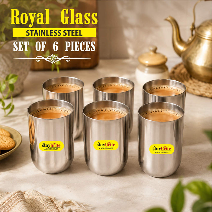 Staybrite Royal Stainless Steel Glass Set of 6 | Plain | Durable Drinkware