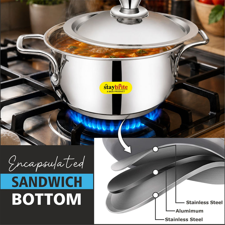 Staybrite Stainless Steel Cook and Serve Handi Set | 3-Piece (14, 16 &amp; 18 CM) with Steel Lid