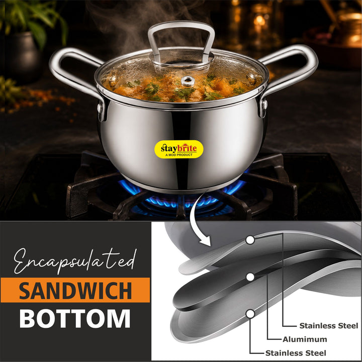 Staybrite Stainless Steel Cook and Serve Handi Set | 3-Piece (14, 16 &amp; 18 CM) with Glass Lid