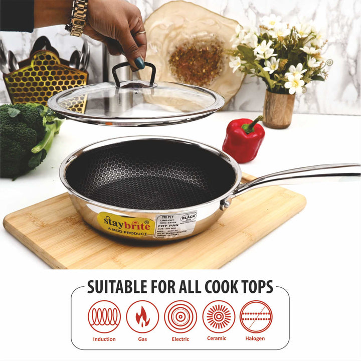 Triply Honeycomb Frypan with Glass Lid – Premium 3-Ply Non-Stick Stainless Steel