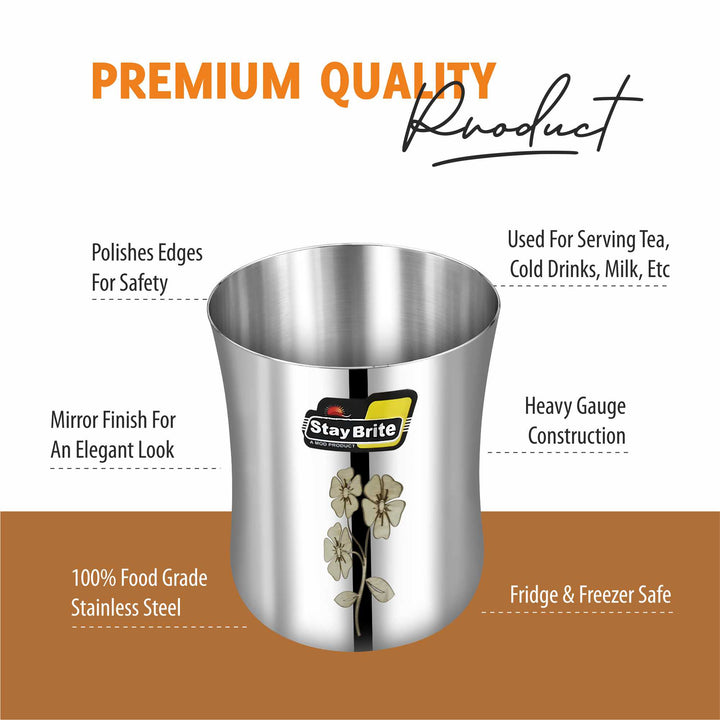 Staybrite Stainless Steel Damru Laser Glass Set of 6 – 300 ml 7 cm