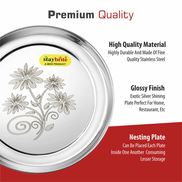 Staybrite Stainless Steel Rajbhog Plate Set of 6 | Dinner Plate Set