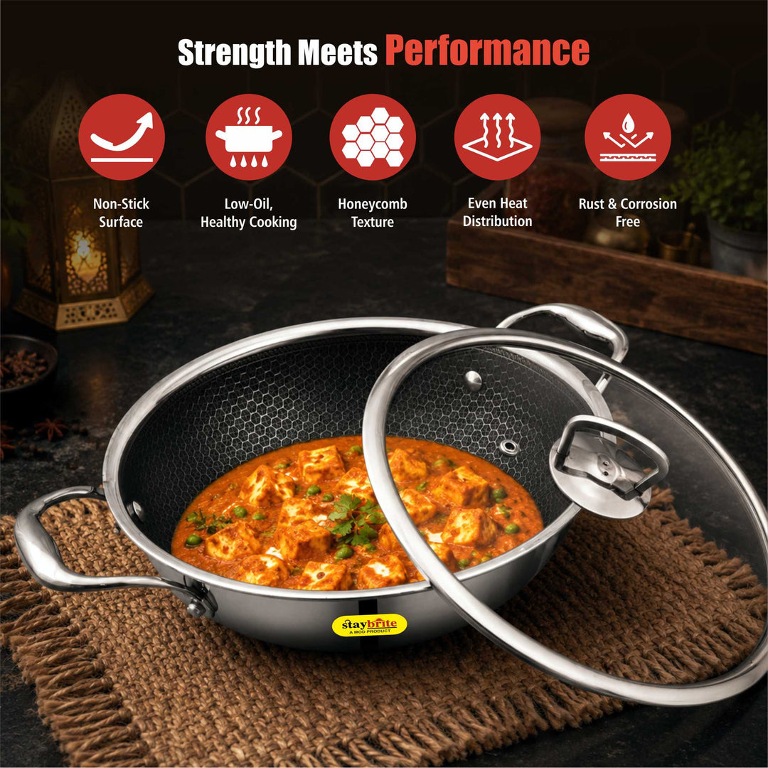 Staybrite Triply Honeycomb Kadai with Glass Lid