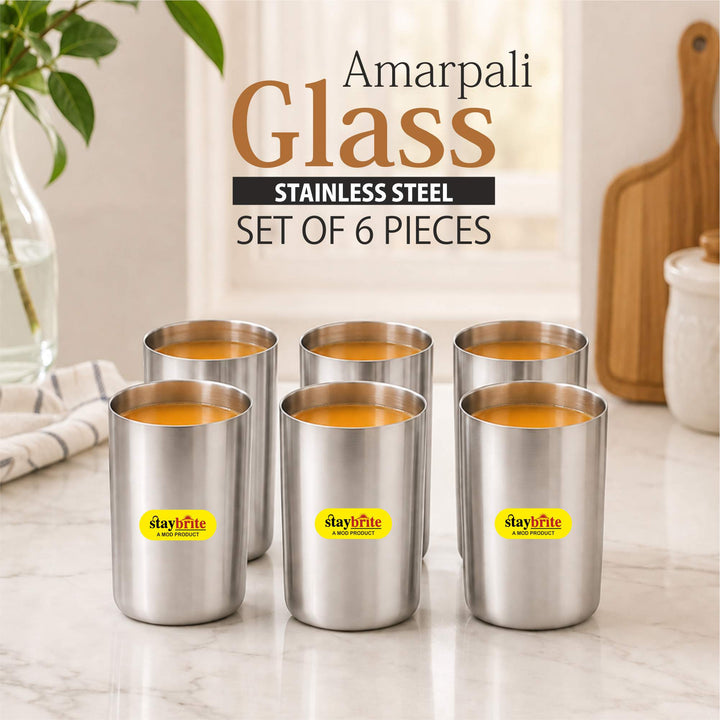 Staybrite Stainless Steel Amrapali Glass Set of 6 | Mirror Finish