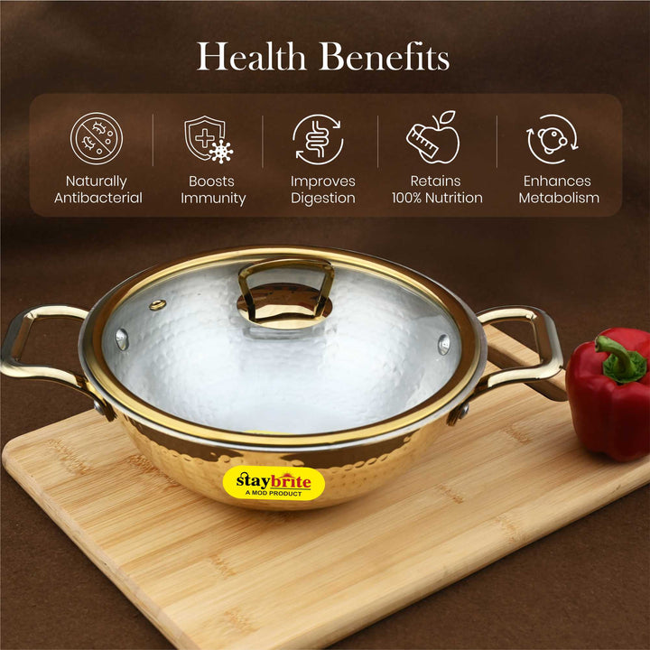Brass Kadhai with Glass Lid– Premium Wok with Heat-Resistant Transparent Lid for Indian Cooking