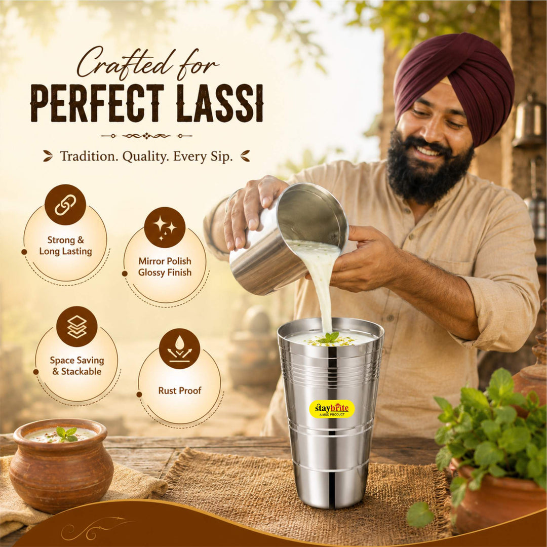 Staybrite Stainless Steel Jumbo Lassi Glass Set of 6 | 650 ML