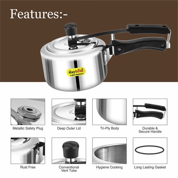 Staybrite Triply Classic Pressure Cooker | Tri-Ply Stainless Steel Outer Lid