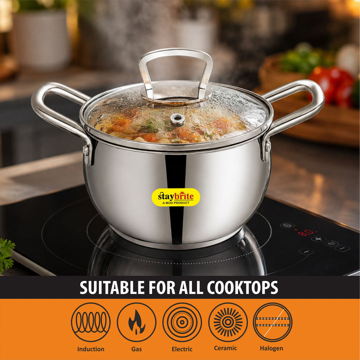 Staybrite Stainless Steel Cook and Serve Handi Set | 3-Piece (14, 16 &amp; 18 CM) with Glass Lid